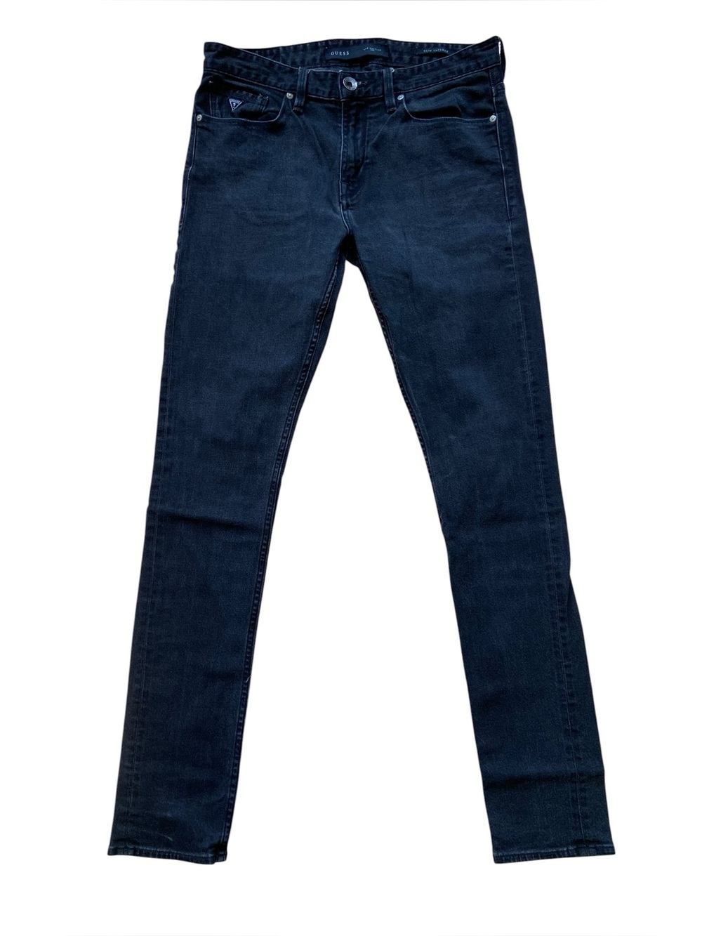 GUESS Men’s Black Slim Tapered Jeans Size 32 Dark Wash Designer Denim Logo Detai
